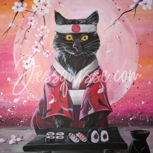 Chat’kura sushis – Peinture acrylique chat 70×50 cm