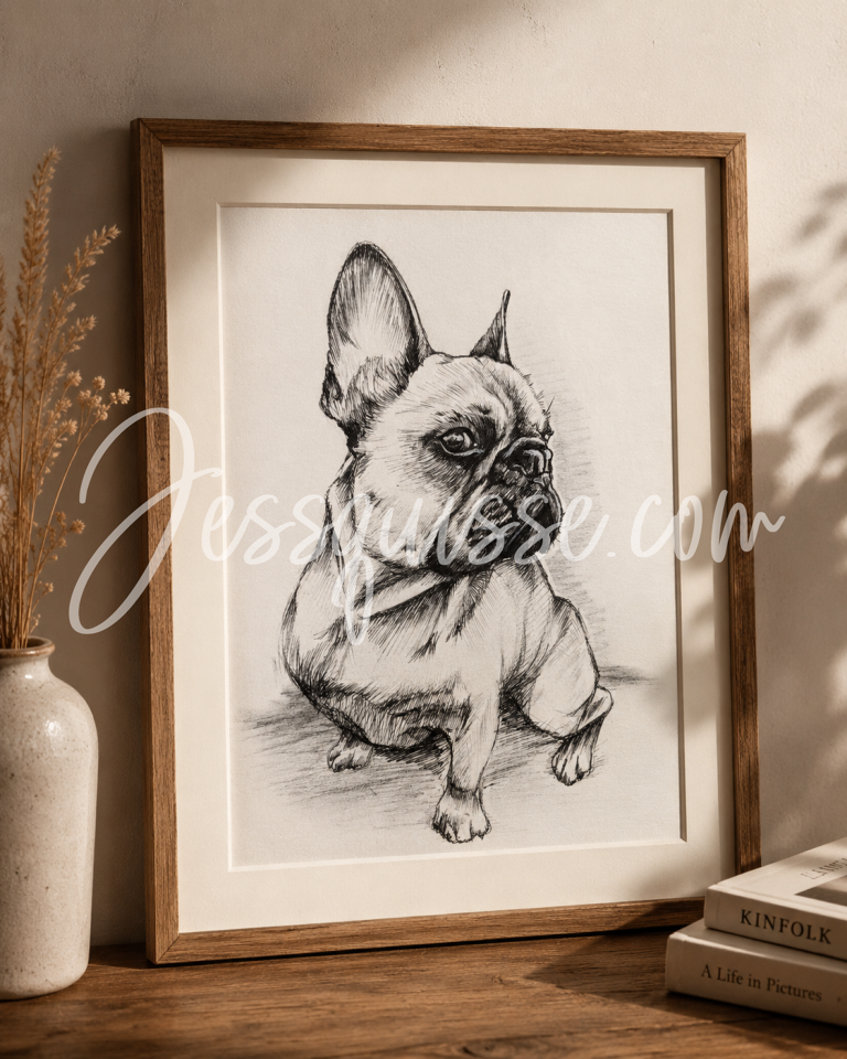 Portrait de bouledogue au stylo, encadré