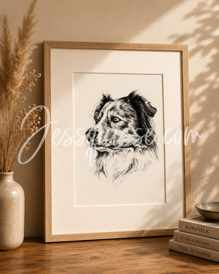 Portrait de chien au stylo, encadré