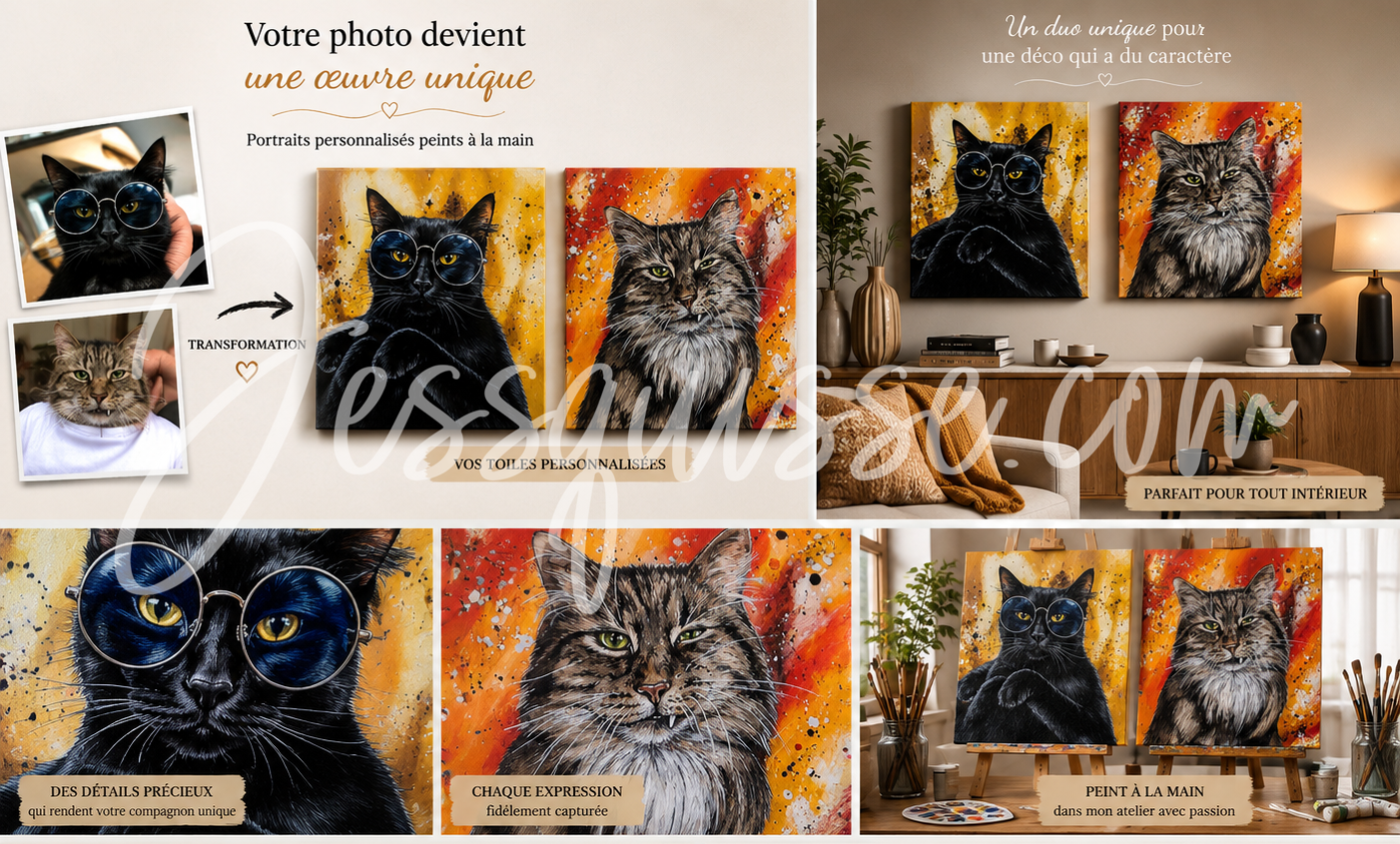 Avant / après : photos de deux chats et leurs toiles personnalisées