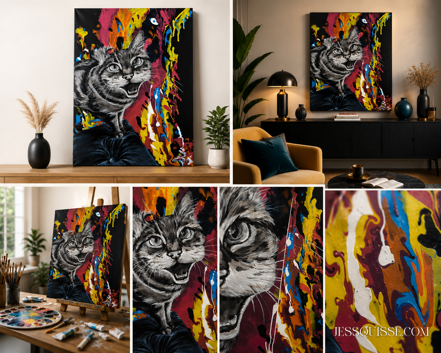 Toile personnalisée d’un chat peint à l’acrylique : mise en situation dans un salon, dans l’atelier et détails de la peinture