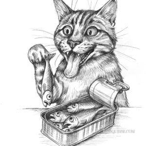 Chat et sardines: tirage d'art animalier Jessquisse