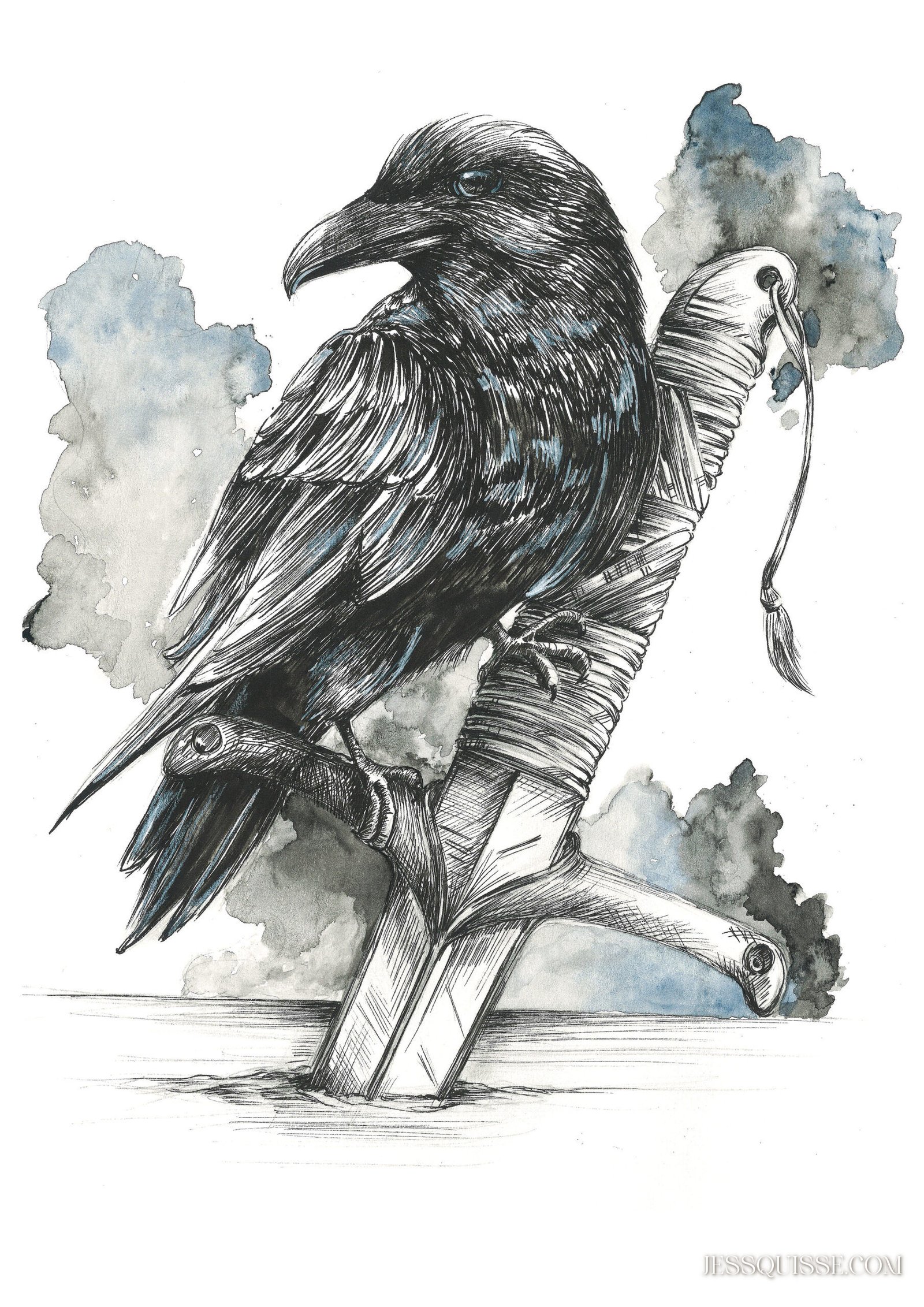 Corbeau et dague: tirage d'art animalier Jessquisse