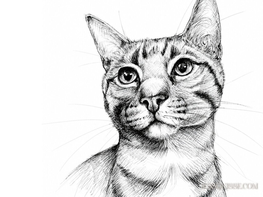 Portrait de chat au stylo, dessin animalier fait main