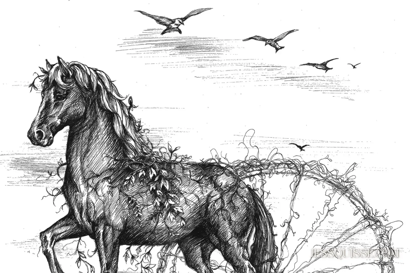 Le Gardien de Bellecour, dessin au stylo noir et blanc : un cheval en majesté sur un socle de pierre envahi par la végétation, place Bellecour à Lyon