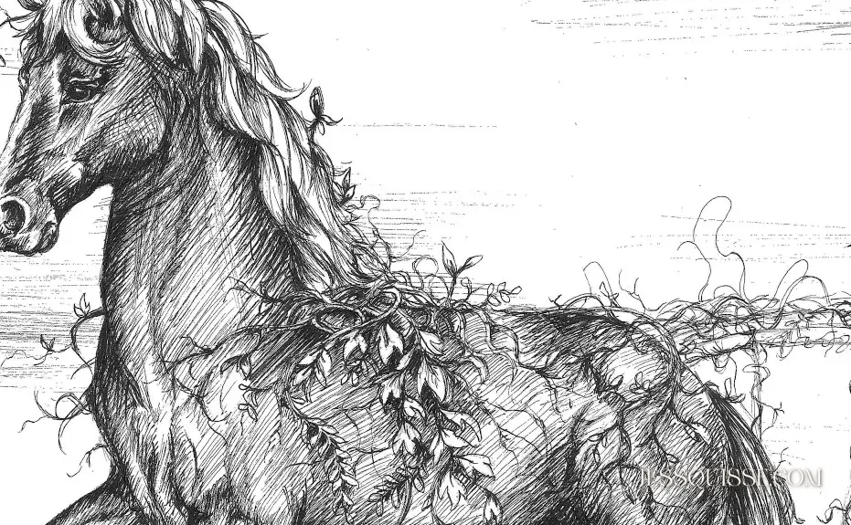 Détail du dessin Le Gardien de Bellecour : le cheval, la grande roue et les oiseaux, au stylo noir