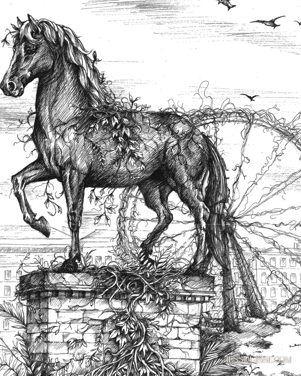 Détail du dessin Le Gardien de Bellecour : le cheval, la grande roue et les oiseaux, au stylo noir