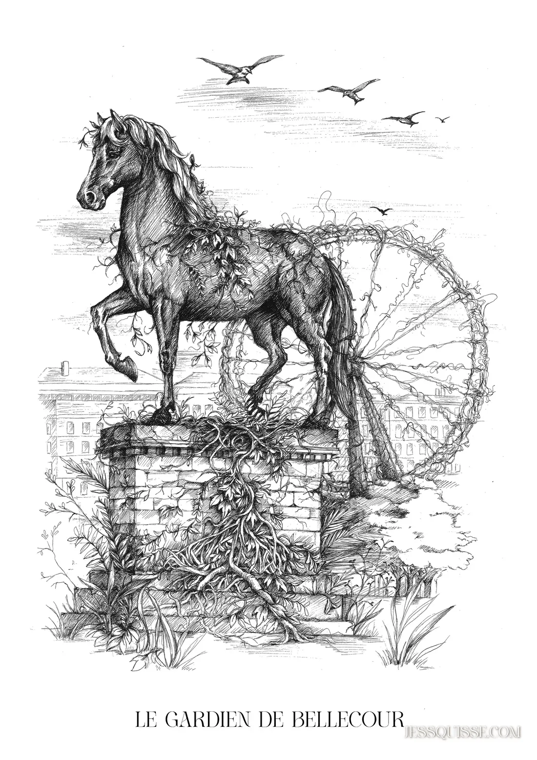 Le Gardien de Bellecour, dessin au stylo noir et blanc : un cheval en majesté sur un socle de pierre envahi par la végétation, place Bellecour à Lyon