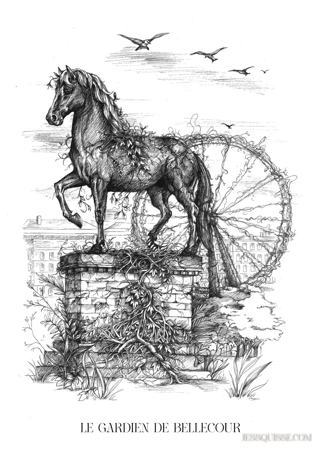 Le Gardien de Bellecour, dessin au stylo noir et blanc : un cheval en majesté sur un socle de pierre envahi par la végétation, place Bellecour à Lyon