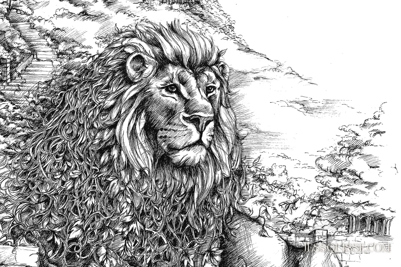 Le Lion de Fourvière, dessin au stylo noir et blanc : un lion couché devant la basilique de Fourvière, la végétation envahissant sa crinière