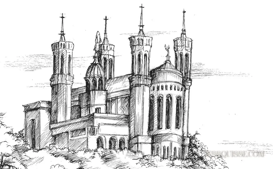 Détail du dessin Le Lion de Fourvière : la basilique de Notre-Dame de Fourvière dessinée au stylo