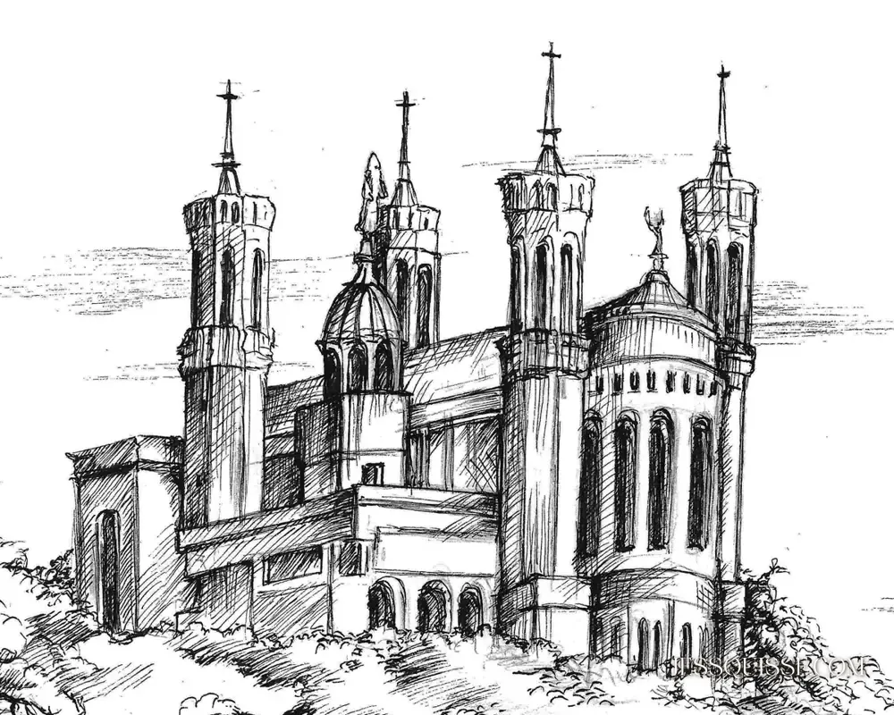 Détail du dessin Le Lion de Fourvière : la basilique de Notre-Dame de Fourvière dessinée au stylo