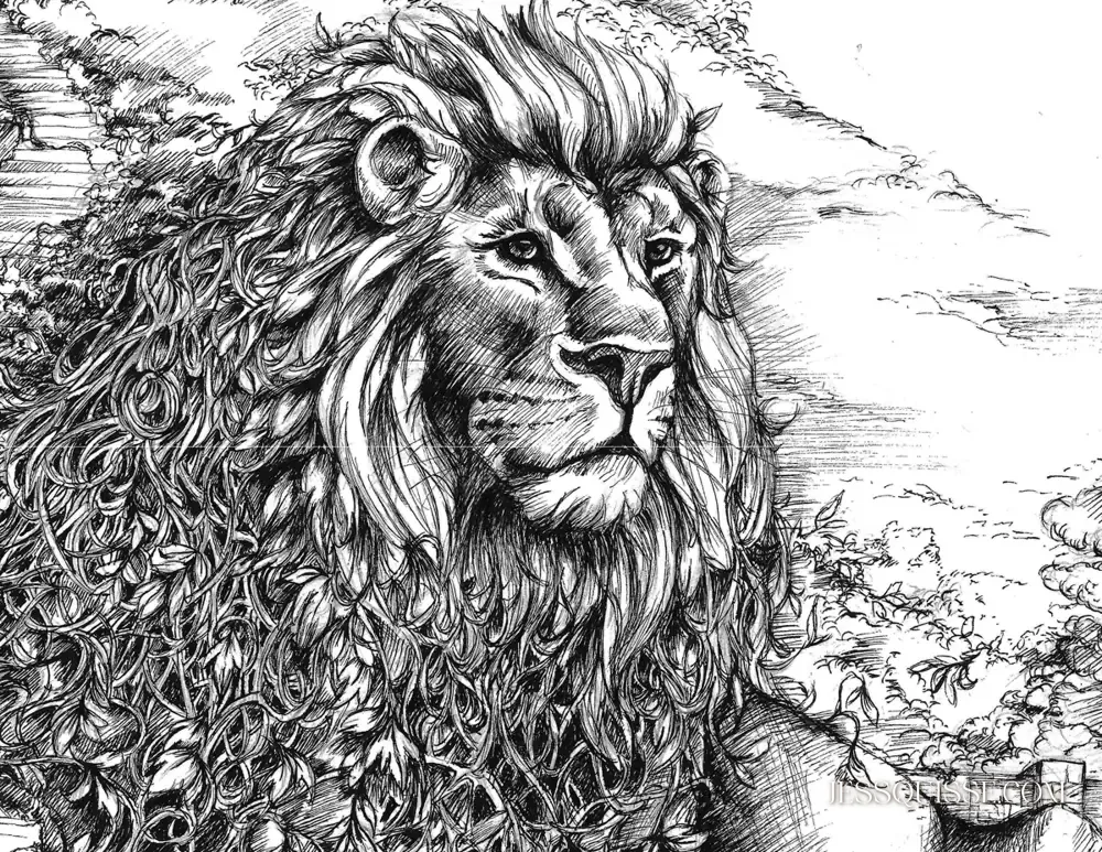 Détail du dessin Le Lion de Fourvière : la crinière du lion se mêle aux feuillages, au stylo noir