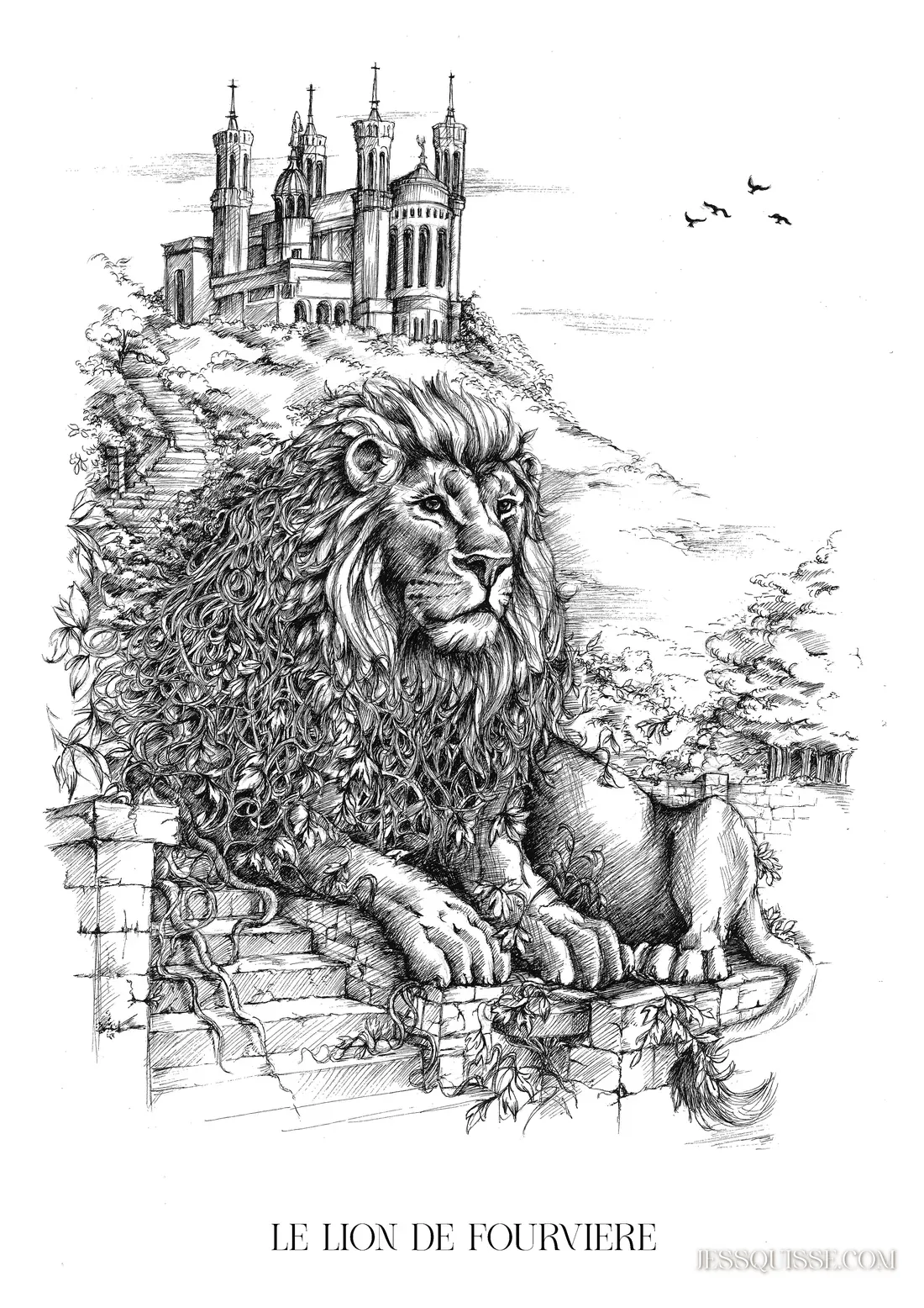 Le Lion de Fourvière, dessin au stylo noir et blanc : un lion couché devant la basilique de Fourvière, la végétation envahissant sa crinière