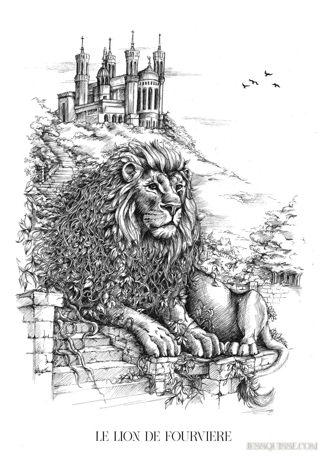 Le Lion de Fourvière, dessin au stylo noir et blanc : un lion couché devant la basilique de Fourvière, la végétation envahissant sa crinière