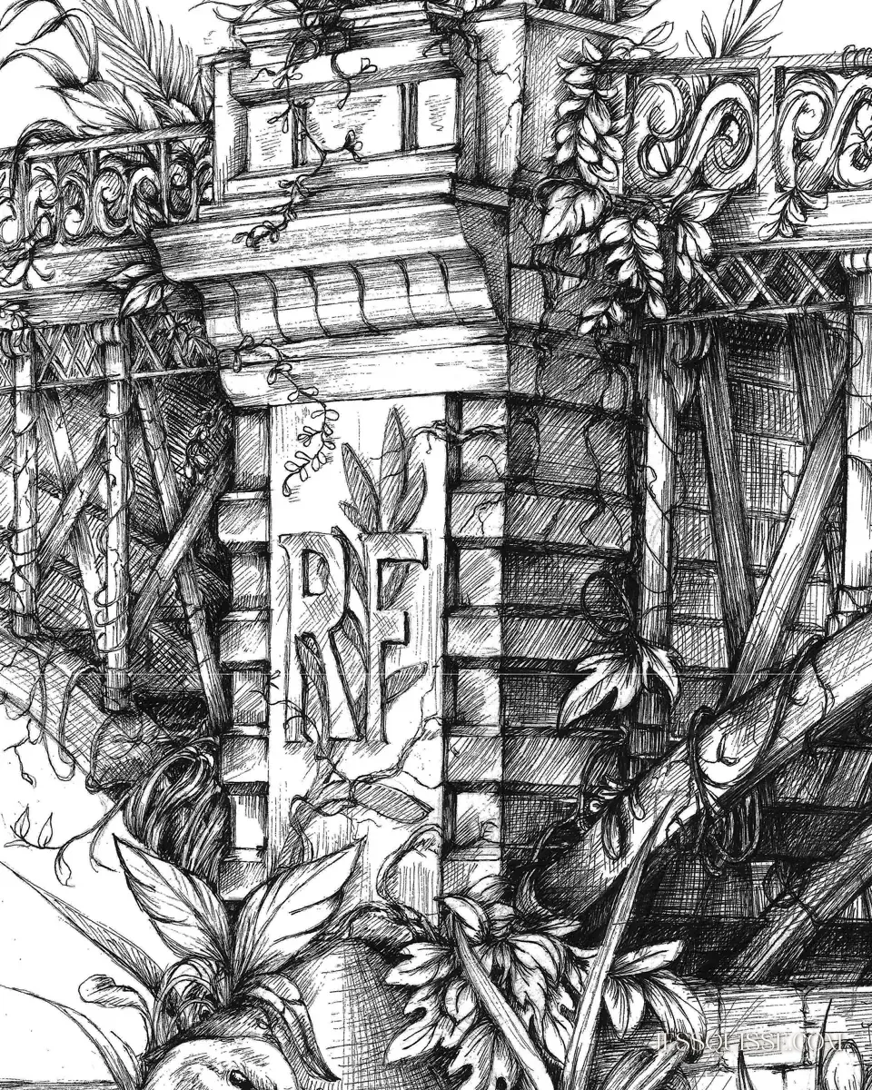 Détail du dessin Les Veines de Lyon : la pile du pont et ses ornements, au stylo noir