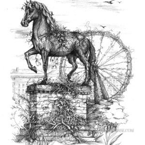 Le gardien de Bellecour, tirage d'art A3 d'un dessin au stylo noir et blanc de la collection Lyon habité par Jessquisse