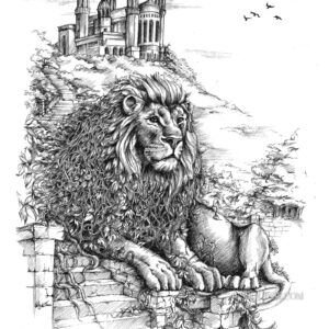 Le lion de Fourvière, tirage d'art A3 d'un dessin au stylo noir et blanc de la collection Lyon habité par Jessquisse